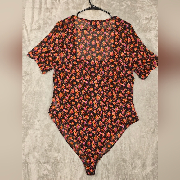 Forever 21 Black Floral Bodysuit with Orange and Pink Accents - Picture 3 of 3